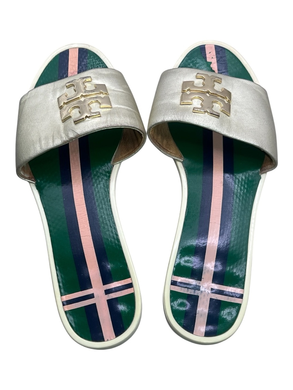 Tory Burch Eleanor Gold Metallic Logo Leather Slides Jelly Sole